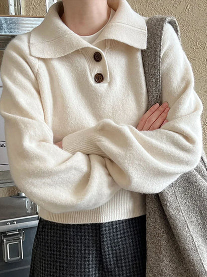 Knitted Lapel Sweaters Loose Button Long Sleeve Pullover Sweater Female Autumn Base Tops