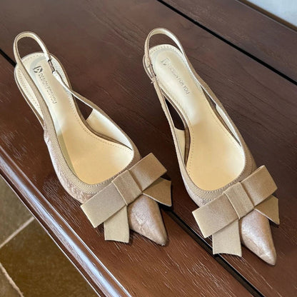 Bowknot Pointed Toe Thin Heel Sandals Satin Designer Heels Prom Backless Dress Shoes Zapatos De Mujer