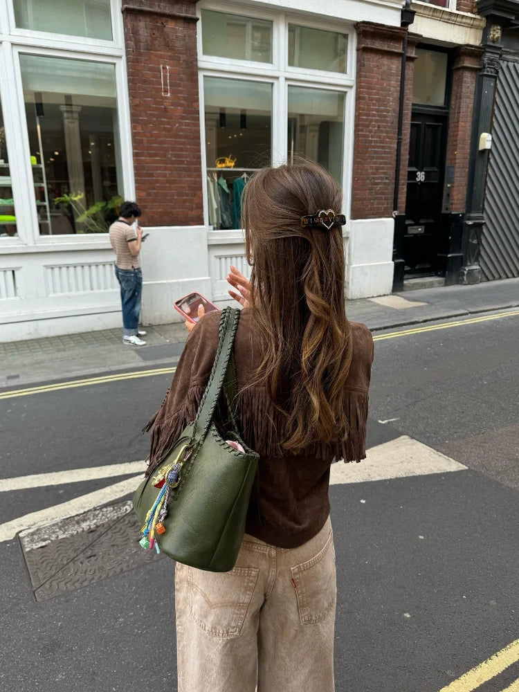 Retro Tassels Patchwork Jackets Lapel Long Sleeve With Button Short Coats Autumn New Lady High Street Outwear