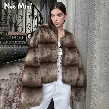 Winter Warm Fluffy Faux Fur Coat Softly Warm Furry Fox Fur Outerwear Jacket Brand Overcoats
