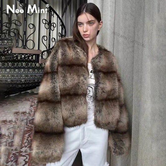 Winter Warm Fluffy Faux Fur Coat Softly Warm Furry Fox Fur Outerwear Jacket Brand Overcoats