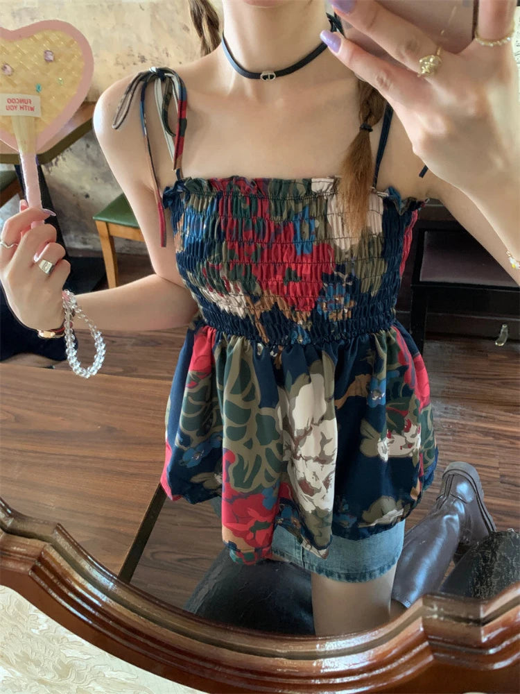 Print Camisole Shirt Summer Blouses Female Vacation Style Elastic Tank Tops