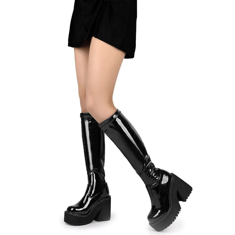 Platform Chunky High Heeled Knee High Boots Cool Round Toe Sweet Heeled Boots Gothic Uniform Dress Shoes