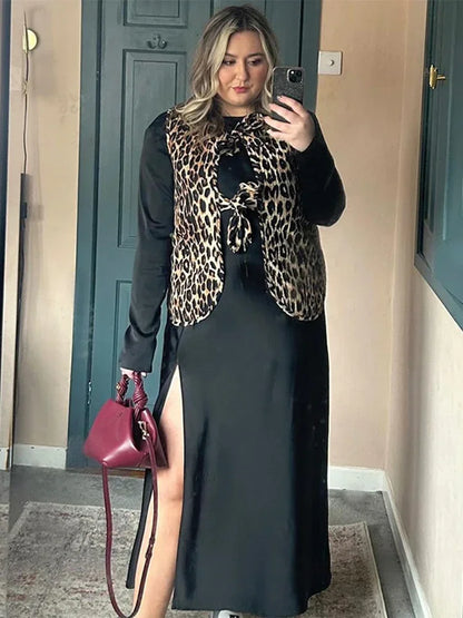 Leopard Printed Lace Up Top for V Neck Sleeveless Vest New Spring Summer Female High Street Wasitcoat