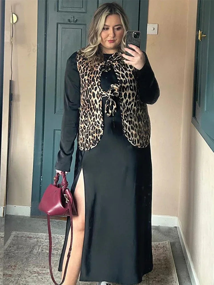 Leopard Printed Lace Up Top for V Neck Sleeveless Vest New Spring Summer Female High Street Wasitcoat