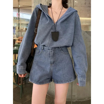 Winter New American Distressed Washed Loose Denim Hooded Longsleeved Tshirt + Straight Shorts Twopiece Suit