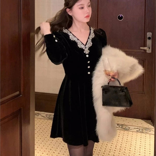 Evening Party Dresses Black Velvet Mini Dress Vneck Long Sleeve Aline French Autumn New Prom Vestidos Mujer