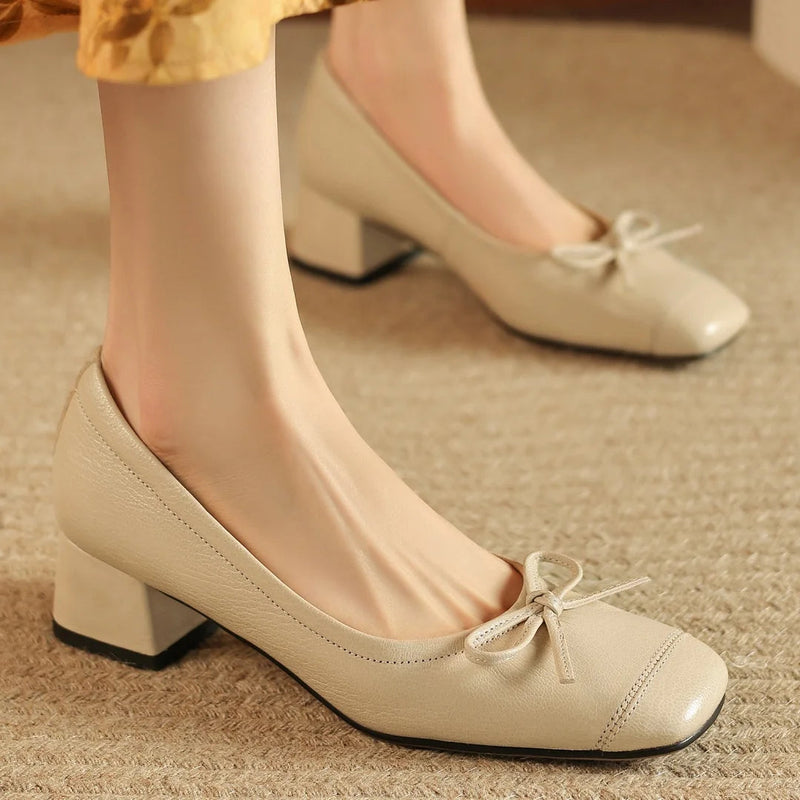 3441 Sheepskin Slipon Pumps 4cm Thick Low Heel Sweet Bowtie Soft Comfort Shoes