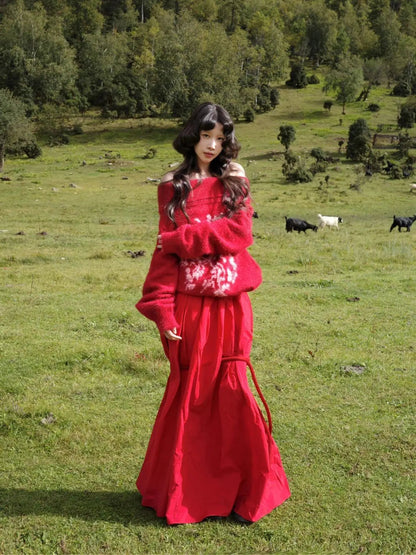 New Chinese Retro Jacquard Loose Off Shoulder Sweater High Waist Aline Long Skirt Set Red Two Piece Sets Outfits