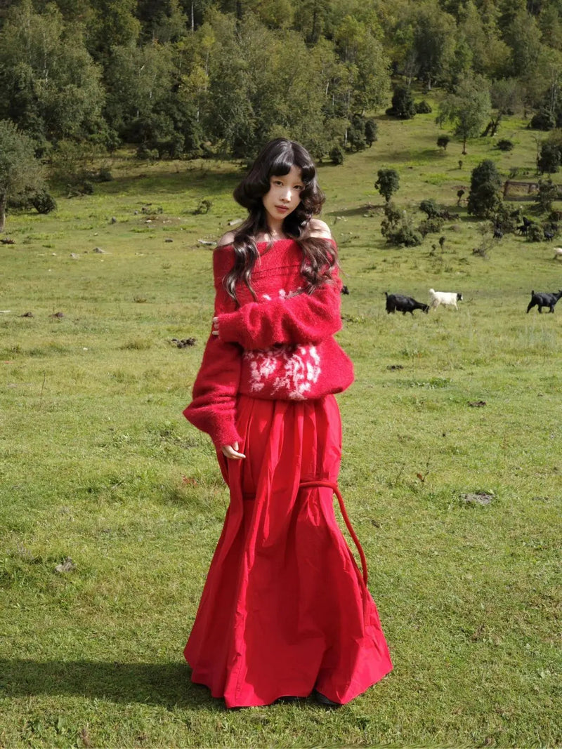 New Chinese Retro Jacquard Loose Off Shoulder Sweater High Waist Aline Long Skirt Set Red Two Piece Sets Outfits