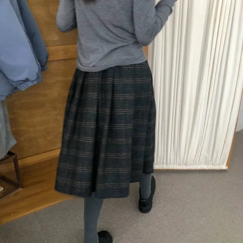 Korean Retro Pleated Loose Kneelength Skirt Spring New High Waist Contrast Color Plaid Tweed Aline Skirt