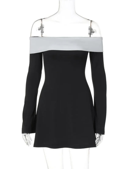 Off-shoulder Long Sleeve Mini Dress for Autumn Winter New Patchwork Strapless Backless A-line Dress