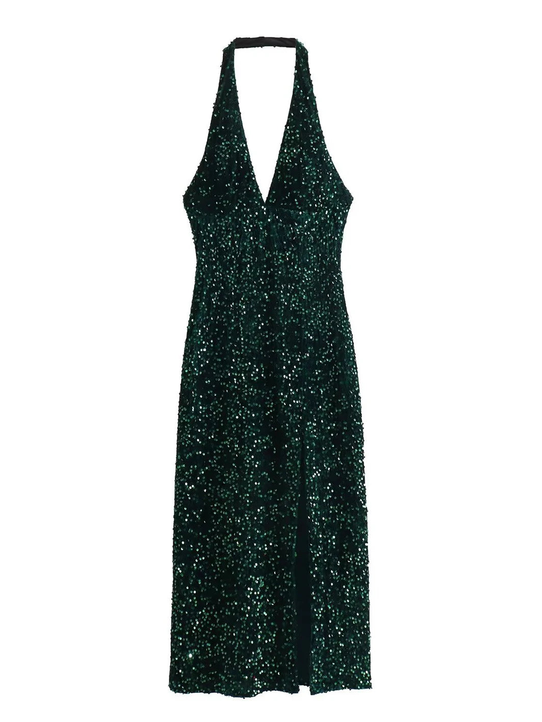 Sequined Bodycon Split Midi Dress for Backless Sleeveless Halter Slim Long Vestidos Spring Club Party Dresses