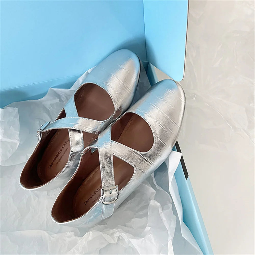 Shoes Loafers for Genuine Leather Flats Sole Buckles Spring New Flats Shoes Leopard Silver