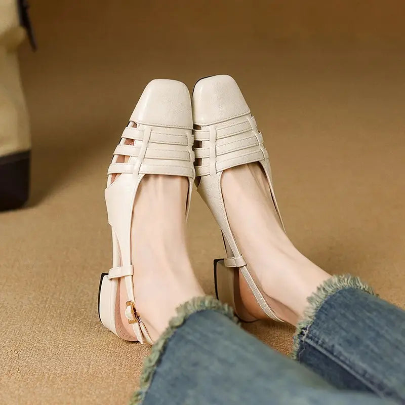 Design Sandals Square Toe Block Heels 3.5cm Back Buckle Strap Big Size 43 Dating Shoes 31 32