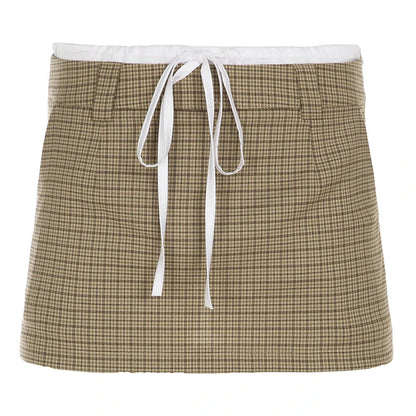 Plaid Mini Shorts Skirt Contrast Color Drawstring High Waist Skirts With Shorts Korean College Style Bottoms