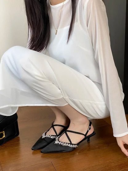 Spring Crystal Pointed Toe Narrow Band Woman Pumps Sandals Thin Low Heels Slingbacks Buckle Strap Female Shoes