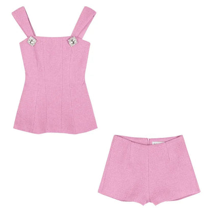 Summer New Hollow Backless Bow Splicing Tweed Camisole + Color Shorts Twopiece Suit