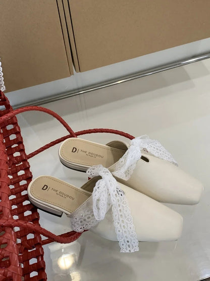 Slippers Flat Shoes Female Lace Beige Heeled Sandals Slides Cover Toe Slipers Mules Butterflyknot Blac