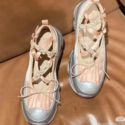 String Bead Butterflyknot Breathable Sneakers Laceup Thick Bottom Handmade Shoes Tenis De Mujer