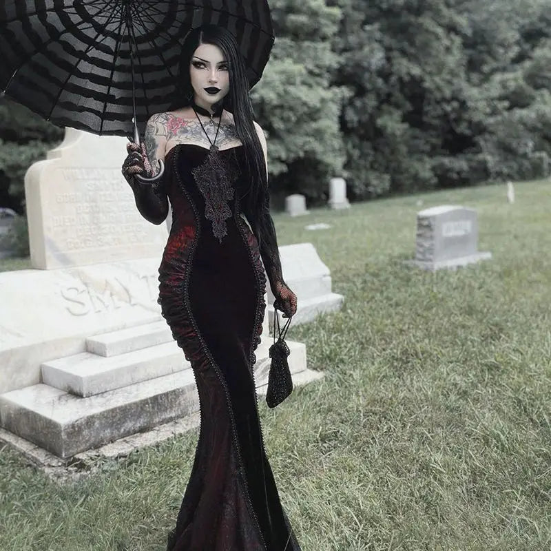 Dark Gothic Strapless Off Shoudler Dress for Halloween Costume Cinched Waist Slimming Wrapped Hip Fishtail Maxi Dress