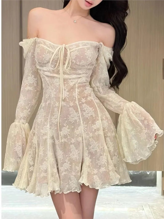 French Lace Mini Dress Y2k Off Shoulder Lace Up Ruffles A-line Autumn Spring Long Sleeve Party Dress Prom Vestidos