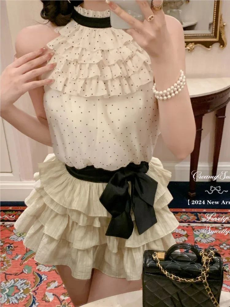 Y2k Polka Dot Two-piece Set Chiffon Halter Sleeveless Top Ruffles A-line Cake Mini Skirt Summer New Korean Outfits