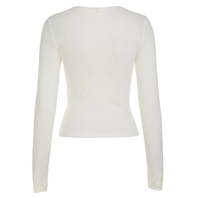 Sweet Lace Trim V-neck ��s Top Long Sleeve Balletcore Slim Autumn New T-shirt All-match Basic