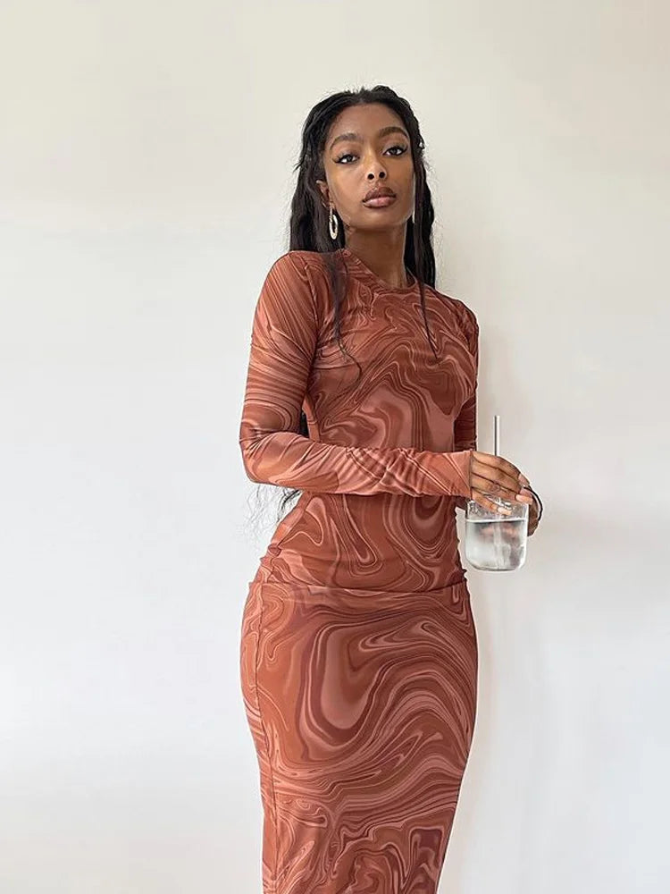 Bodycon Long Dresses for One Piece Club Outfit Evening Party Clothes O-neck Mid Calf Vestidoes De Mujer