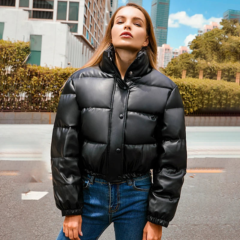 Winter Warm Thick Pu Leather Coats Short Parkas Black Cotton Padded Lady Down Jacket Zipper Clothes
