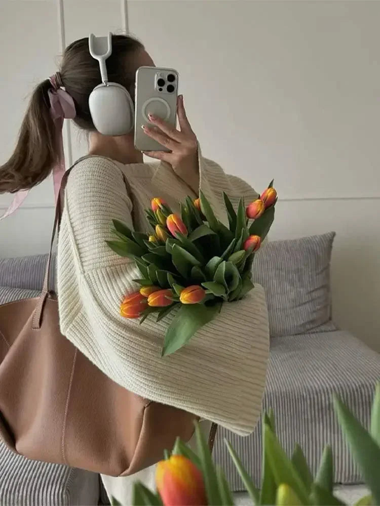 Split Hem Round Neck Sweater Flare Long Sleeves Loose Knitted Pullover Lady Warm Commuting Tops