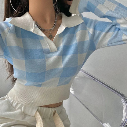 Autumn Winter Knitwear Crop Tops Pullover Sweaters Female Long Sleeve Elastic Plaid Knitted Shirts F4040