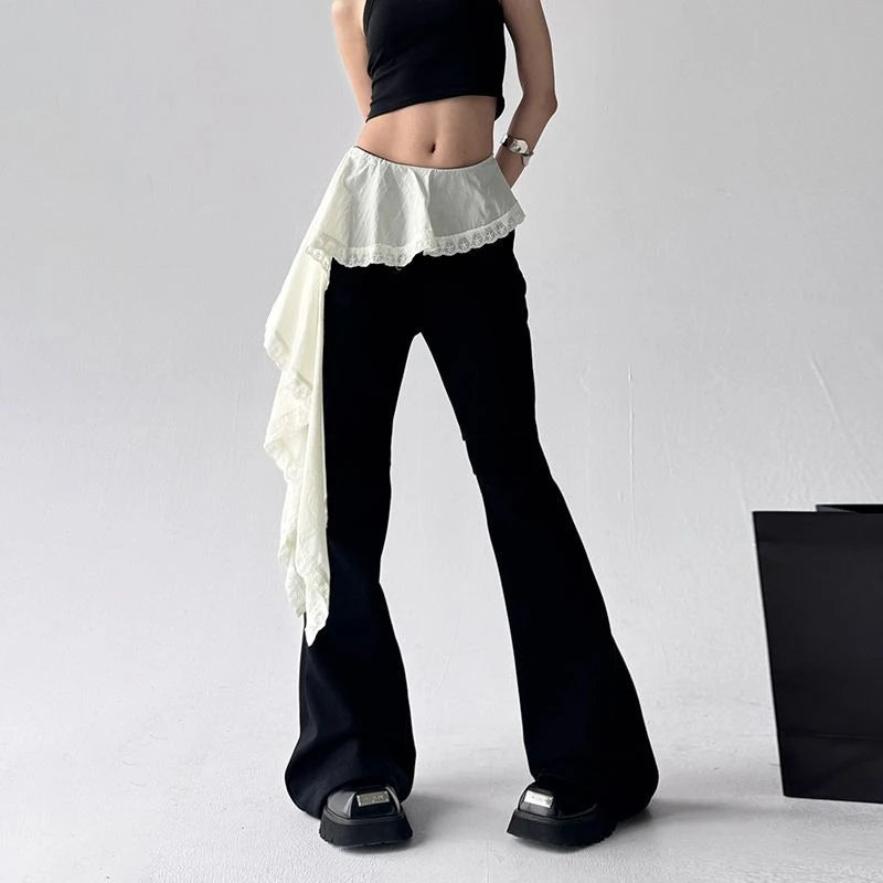 Lace Patchwork Lace Up Pants for 2205 New Slim Fit Fake Two Piece Flare Pants Y2k High Waist Black Straight Trousers