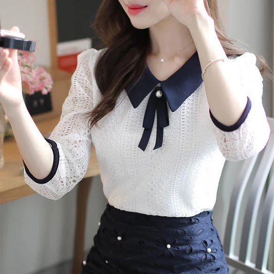 ’s Spring Autumn Style Lace Blouses Shirt Peter Pan Collar Color Half Sleeve Lace Tops Sp8676
