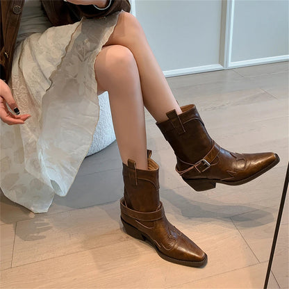 Ankle Boots Genuine Leather Chunky High Heels Shoes for Winter Western Cowboy Short Boots Shoes Woman