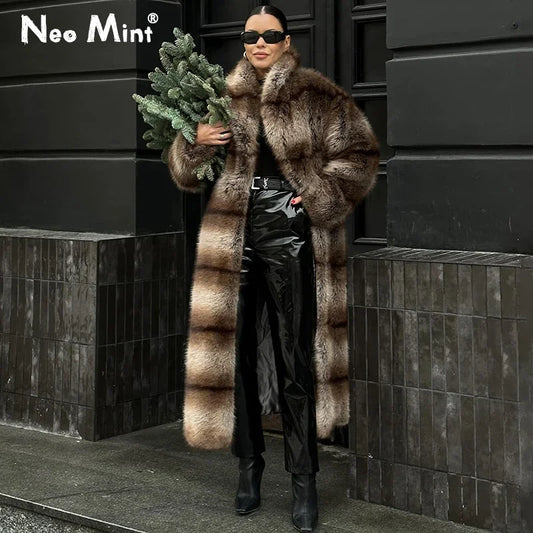 Brand Furry Faux Fox Fur Coat Winter Super Warm Fluffy Fur Jacket Female High Street Long Overcoat