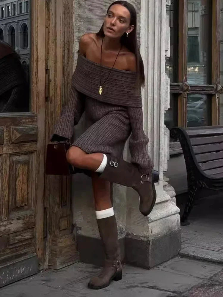 One-shoulder Knitted Dress for Loose Rib Knit Sweater Autumn Winter Midi Dresses Female Long Sleeve