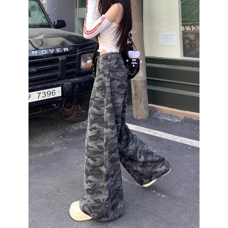 Camouflage Loose Jeans Autumn New High Street Contrast Color Patchwork Denim Wide Leg Pants