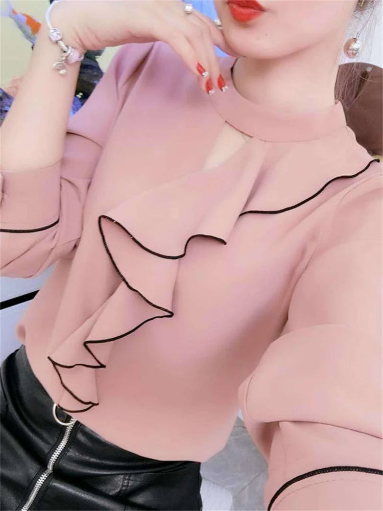 Spring Summer Style Chiffon Blouses Shirts Lady Long Sleeve Ruffles Decor Stand Collar Chiffon Blusas Tops Df3148