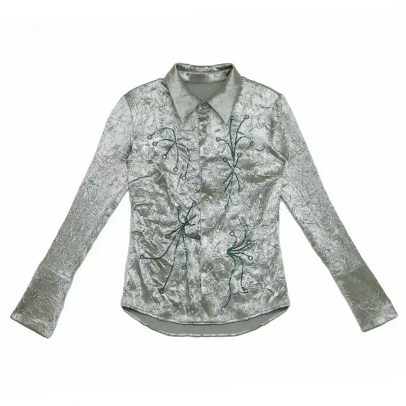 Metallic Luxurious Wrinkled Polo Collar Budding Plant Long Sleeve Shirts for Autumn New Loose Blouses Tops