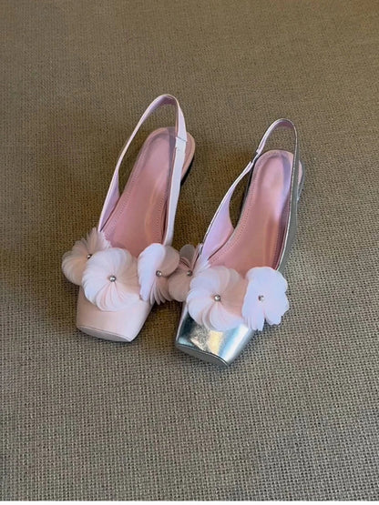 Summer Flower Mules Sandals Square Toe Slip on Singbacks Shoes Dress Flats Sandalias