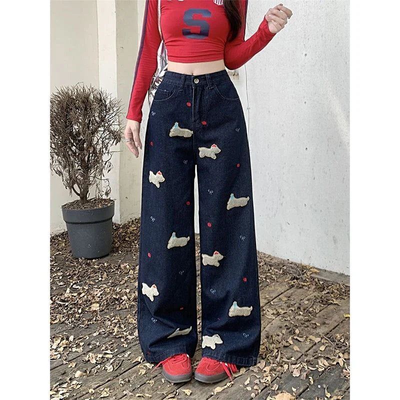 Dog Embroidery Pattern Wide Leg Jeans Cool Girl High Waist Baggy Pants Female Denim Trousers