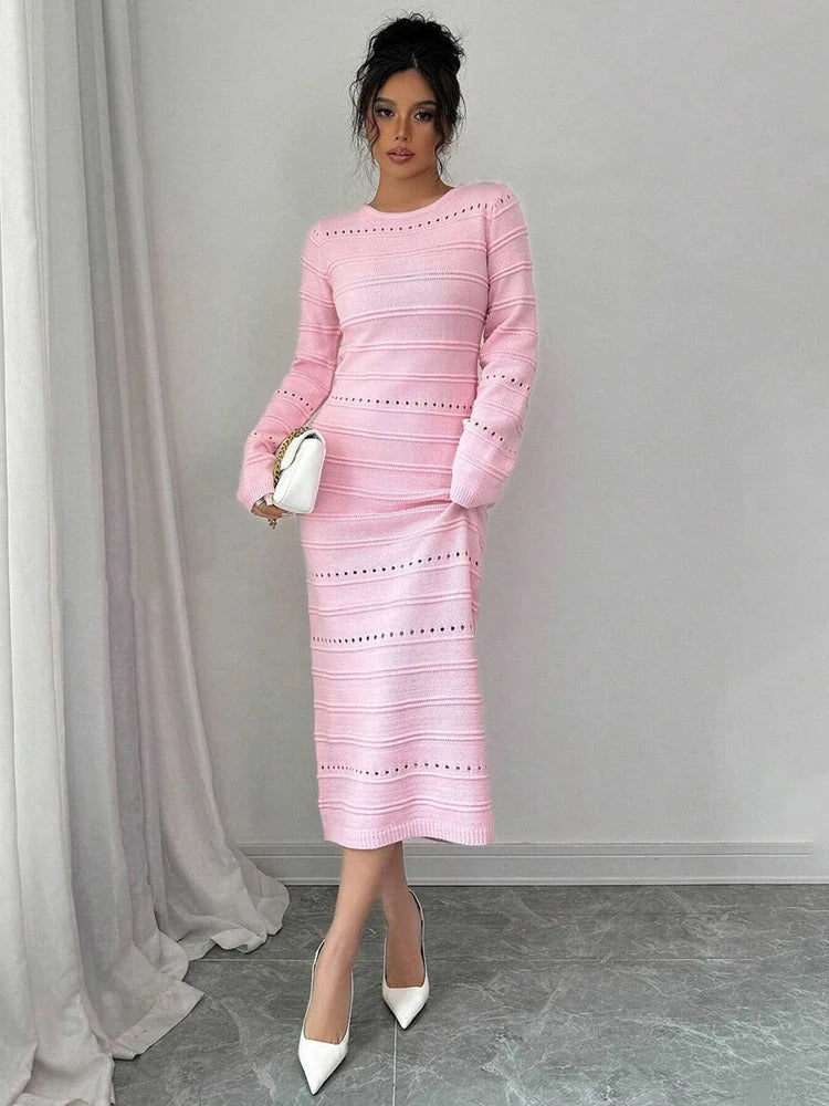 Striped Hollow Two-wear Knitted Long Dress for Party Club Sweater Dress Vestido Femaleslim Outfits