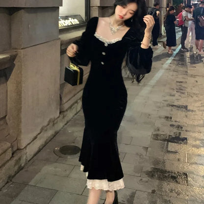 Black Velvet Midi Dresses for Square Collar Slim Bodycon Ruffles Patchwork Fishtail Autumn New Evening Party Dress