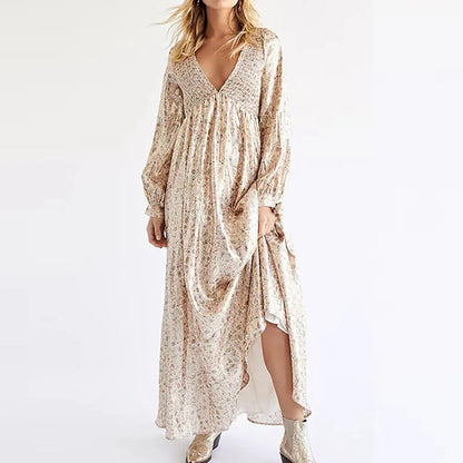Laceup Backless Long Dress Spring Vneck High Waist Loose Maxi Dress Autumn Long Sleeve Print Party Dress Mujer