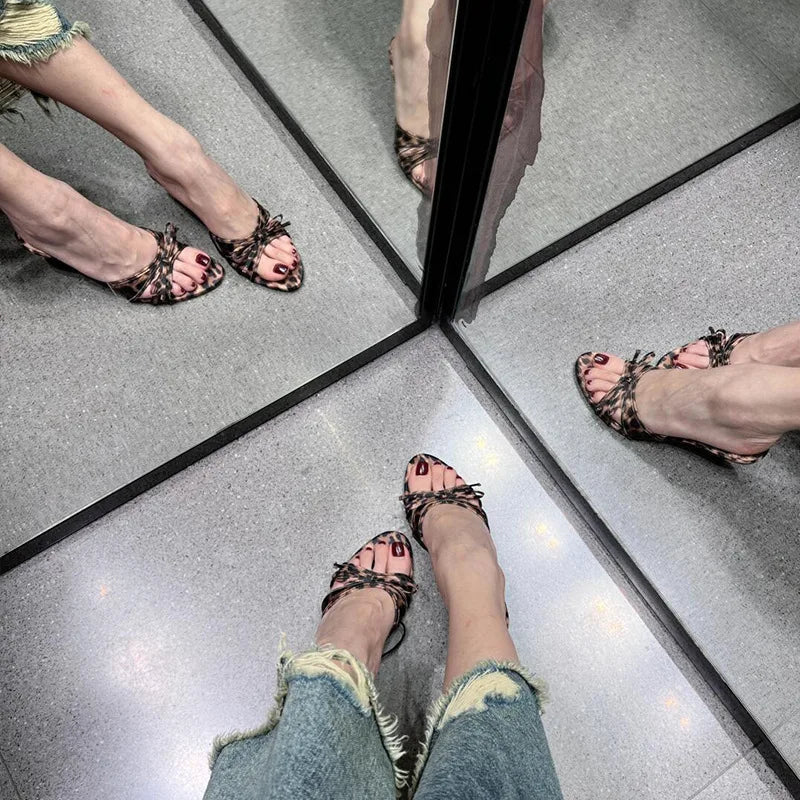 Summers Leopard Slippers Shoes Street Style Open Toe High Heel Slides