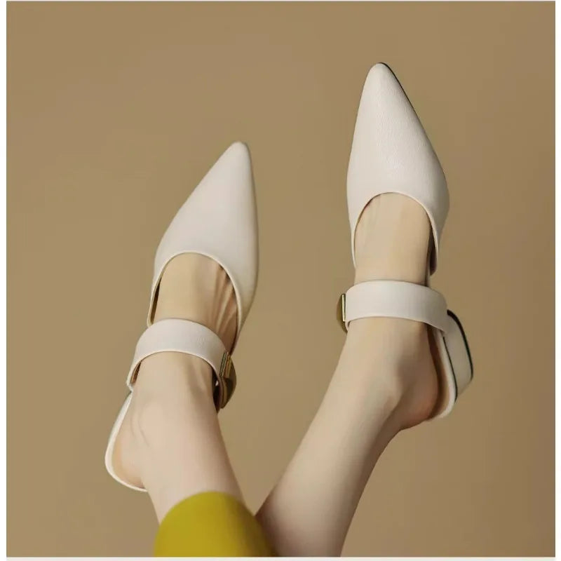 Pointed Metal Decorate Muller Shoes Designer Platform Half Slippers High Heel Woman Sandals