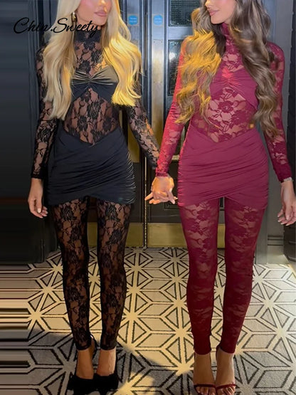 Lace Long Sleeve One Pieces Jumpsuit Mock Neck Bodycon Romper Female Spring New See Through Club Party Overalls