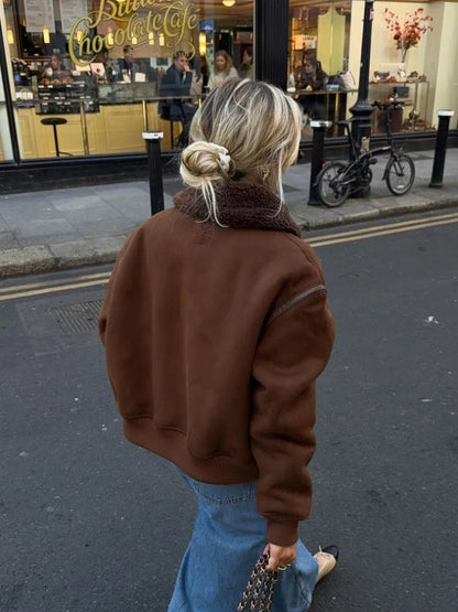 Coffee Lamb Wool Lapel Jackets for Zipper Long Sleeved Thicken Warm Coats New Female Winter