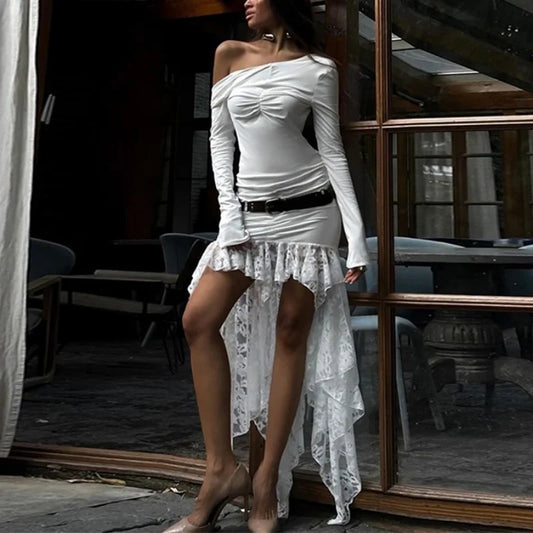 Y2k Lace Patchwork Dress Clothes Round Neck Long Sleeve Backless Asymmetrical Hem Long Dresses Party Dresses